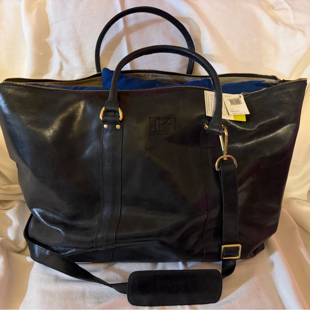 Sseko Black Leather Duffel with Removable Shoulder Strap